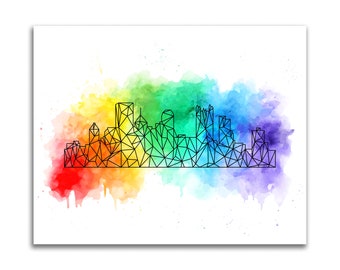 Pittsburgh Pride Art - Geometric Rainbow Pittsburgh Skyline - Watercolor Design Giclée Print - Queer Owned Local Artist - 2 Sizes