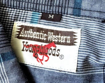 Authentique marque Western Youngbloods - Chemise boutonnée à manches longues à carreaux bleus de style occidental - Années 70