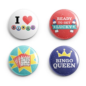 Szczęśliwe szpilki lub magnesy Bingo - 1-calowe ręcznie robione guziki - prezent dla miłośników Bingo - zestaw 4 sztuk