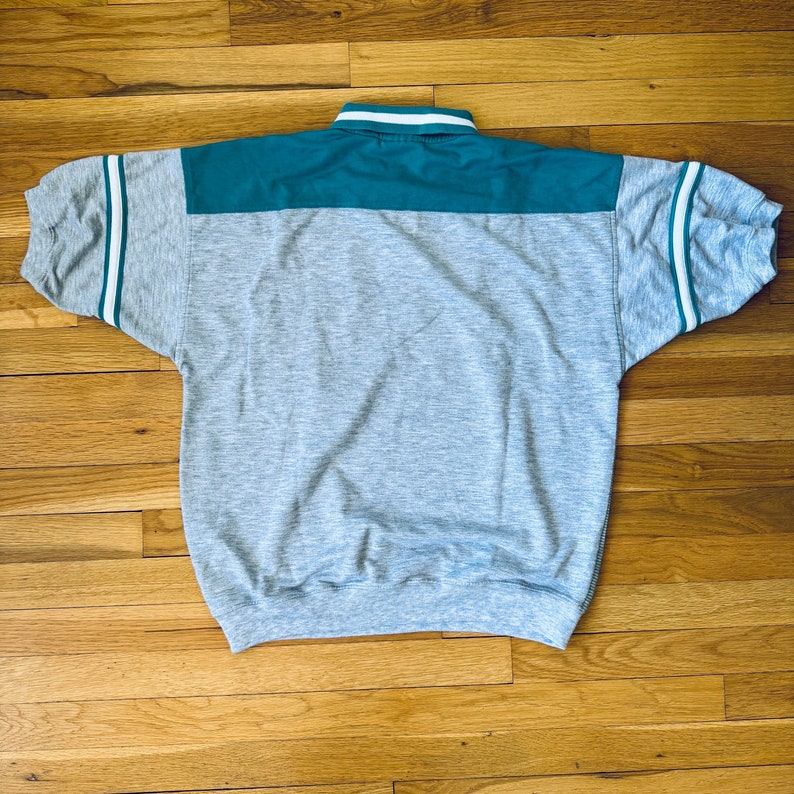 Retro 90s Colorblock Stripes Jersey Polo Short Sleeve Shirt Teal and Heather Gray image 4