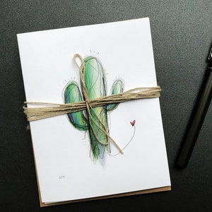 Aquarell Kakteen Blanko Karten - Original Aquarell + Ink Design - Niedliches Wüsten Kaktus Briefpapier - Dankeschön + alle Anlass Grußkarten