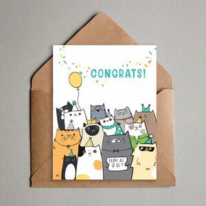 Carte de félicitations de chats mignons de notre part - carte de réussite imprimable - promotion, remise des diplômes, nouvel emploi - carte de félicitations à téléchargement immédiat
