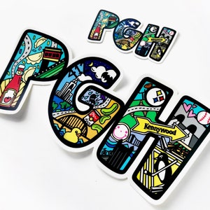 PGH Pittsburgh Sticker with Larger Bumper Sticker Tiny Doodles Inside by 1flychicken creations