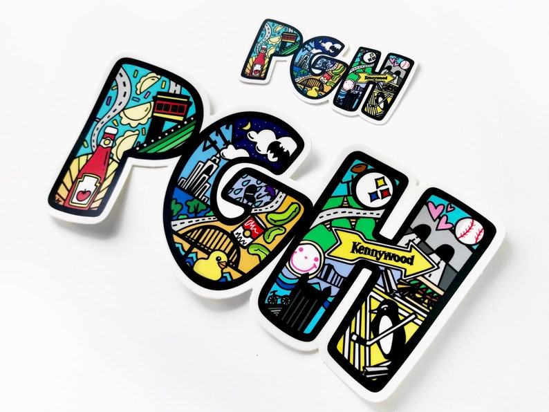 PGH Pittsburgh Sticker with Larger Bumper Sticker Tiny Doodles Inside by 1flychicken creations