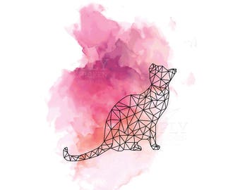CLEARANCE SALE Cool Cat Poster - Watercolor Art Print - Geometric Cat - Pink Abstract - Archival Giclée Print - Cat Lady Decor - 11x14