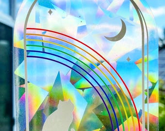 Sun Catcher Sticker - 4 Inch Rainbow Window Cat Sticker - Clear Holographic Ice Rainbow Maker