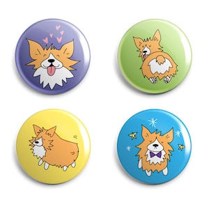 Cute Corgi Pin or Magnet Set - 1 Inch Handmade Buttons - Unique Gift for Corgi Lovers - Small Gift for Dog Lovers - Set of 4