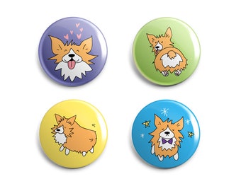 Cute Corgi Pin or Magnet Set - 1 Inch Handmade Buttons - Unique Gift - Corgi Dog Lovers - Set of 4