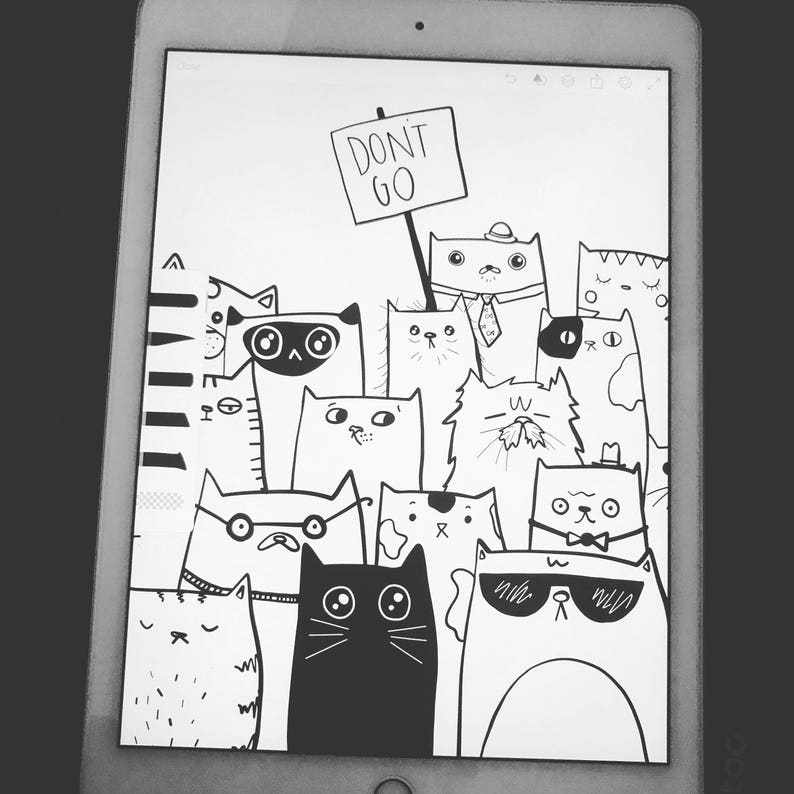May include: A black and white illustration of a group of cats with the words "Don't Go" written on a sign held by one of the cats.