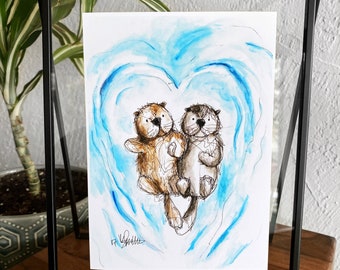 Cute Otters Holding Hands Watercolor Painting Art Print - Love Gift for Friend, Sister, Partner - Anniversary or Valentine