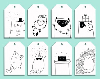 Printable Black and White Cat Gift Tags - Cute Cat Illustration Treat Bag Tag Set - Coloring Gift Tags - Set of 8 - Instant Print Tags