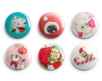 Vintage Christmas Cats Decor - Handmade Magnets or Pins - 1-Inch Christmas Cat Buttons -  MCM Christmas - Set of 6