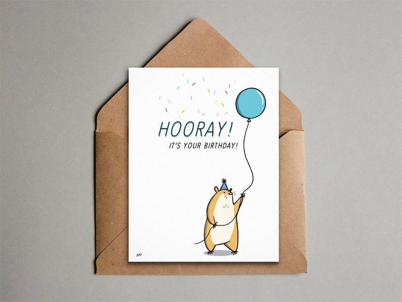 Hamster Birthday Card Printable Happy Birthday Card Cute Animal Printable Birthday Card Hamster with Balloon Simple Greeting Card image 1