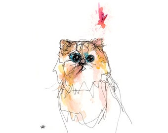 Lámina abstracta de gato persa en acuarela – Arte de pared estilo mediados de siglo (5 x 7)