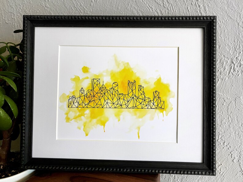 Pittsburgh Art City Print Black Yellow Modern Art Geometric City Skyline Print Pittsburgh Watercolor Design Wall Art image 2