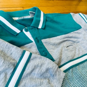 Retro 90s Colorblock Stripes Jersey Polo Short Sleeve Shirt Teal and Heather Gray image 2