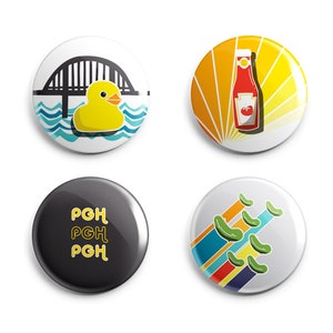 Pittsburgh Pins and Magnets 1 Inch Handmade Buttons Retro Pittsburgh by Local Artist Set of 4 image 1