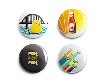 Pittsburgh Pins and Magnets  - 1 Inch Handmade Buttons - Retro Pittsburgh by Local Artist - Set of 4