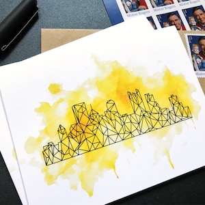 Cartões de Pittsburgh - Cartões de papelaria com horizonte geométrico de Pittsburgh - Arte de linha geométrica em aquarela - Presente de Pittsburgh preto e amarelo