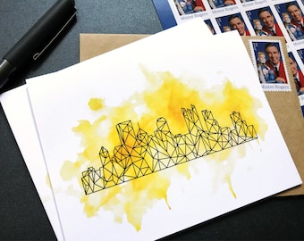 Pittsburgh Cards - Geometric Pittsburgh Skyline Stationery Note Cards - Watercolor Geometric Line Art - Black + Yellow Pittsburgh Gift