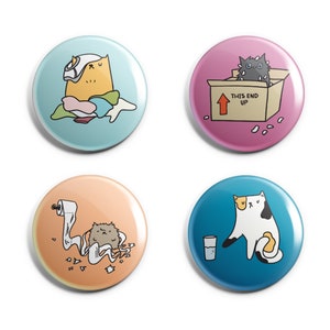 Bad Cats Pin or Magnet Set - 1 Inch Handmade Buttons - Cute Gift for Cat Lovers - Funny Cartoon Cats in Trouble Fridge Magnets - Set of 4