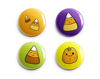 Juego de imanes o pines de caramelos de maíz - Botones redondos de Halloween de 2,5 cm - Imanes de nevera de otoño - Recuerdos para fiestas de Halloween infantiles