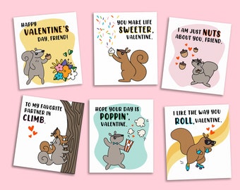 Squirrel Valentines Day Cards - Printable Cutout Valentines Cards for Classroom Party - 6 per page