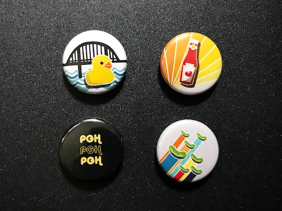 Pittsburgh Fun Pins and Magnets 1 Inch Handmade Buttons Yinzer Gift Set of  4 