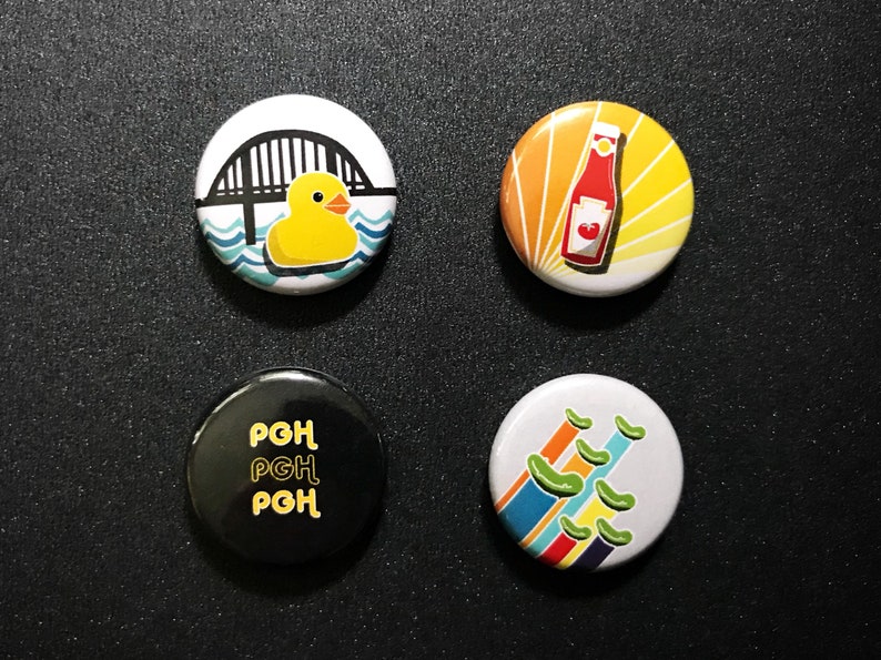 Pittsburgh Pins and Magnets 1 Inch Handmade Buttons Retro Pittsburgh by Local Artist Set of 4 image 2