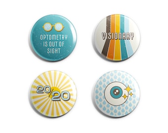 Optometrist Gift Pin or Magnet Set - 1" Handmade Buttons - Retro Style - Thank You Eye Doctor + Student Graduation Gift - Set of 4
