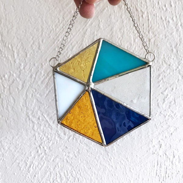 Stained Glass Suncatcher - Retro Pinwheel Geometric Design - Glass Ornament - Handmade Stained Glass Sun Catcher - Blue, White, Orange