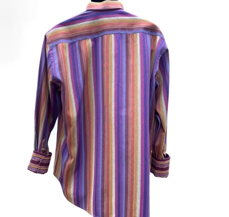 Robert Graham Shirt - Striped Purple, Orange, Embroidered Details - Long Sleeve Flip Cuff - Mens Large Button Up image 7