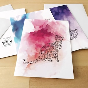 Geometric Cat Cards - Watercolor Cat Design Blank Greeting Card Set - Cat Lover Stationery - Kawaii Kitty Cat - Original Art Gift Set
