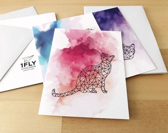 Geometric Cat Cards - Watercolor Cat Design Blank Greeting Card Set - Cat Lover Stationery - Kawaii Kitty Cat - Original Art Gift Set