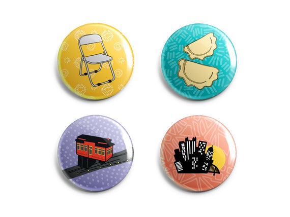 Pittsburgh Fun Pins and Magnets 1 Inch Handmade Buttons Yinzer Gift Set of  4 