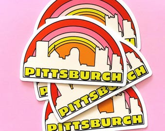 Pittsburgh Stickers - Pink Retro Rainbow Pittsburgh Skyline Vinyl Weatherproof Decal - Unique Pittsburgh Souvenir - 3 Inch