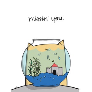 Printable Missing You Sad Card Cute Cat Fishbowl Goodbye Farewell Greeting Card Instant Download Ginger Cat Crying image 2