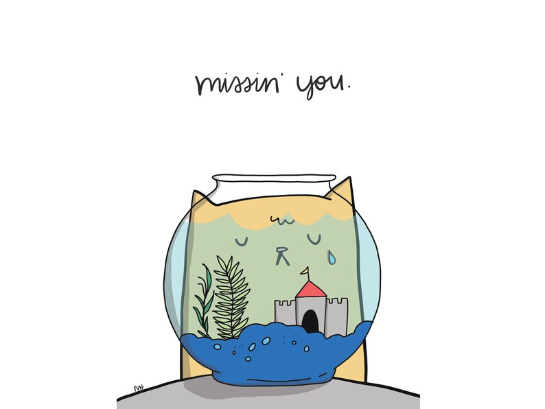 Printable Missing You Sad Card Cute Cat Fishbowl Goodbye Farewell Greeting Card Instant Download Ginger Cat Crying image 2