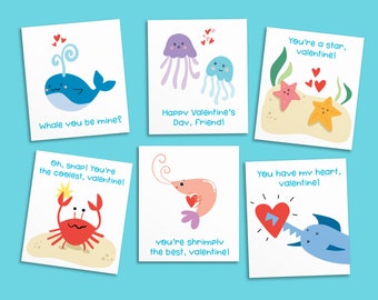 Ocean Friends Printable Cutout Valentines for Kids - Valentine's Day Cards for School - Instant Download - Cute Ocean Animals - Whale, Crab