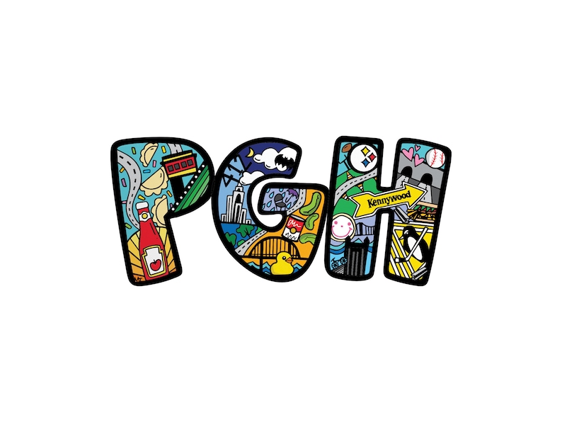 PGH Pittsburgh Sticker with Mini Pittsburgh Doodles by 1flychicken creations