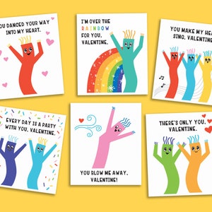 May include: Six Valentine's Day cards featuring cartoon inflatable tube men with different messages. The messages include "You danced your way into my heart", "I'm over the rainbow for you, Valentine", "You make my heart sing, Valentine", "Every day is a party with you, Valentine", "You blow me away, Valentine!" and "There's only you, Valentine".