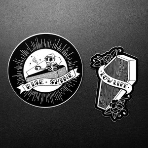 Punk Skeleton Coffee Sticker Rise and Shine Badge by 1flychicken