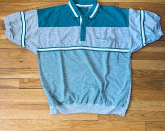 Retro 90s Colorblock Stripes Jersey Polo - Short Sleeve Shirt Teal and Heather Gray