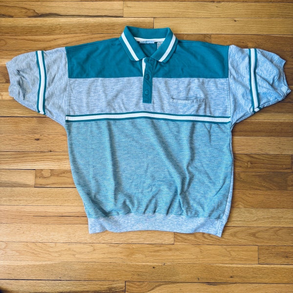 Retro 90s Colorblock Stripes Jersey Polo - Short Sleeve Shirt Teal and Heather Gray