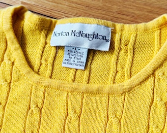 Vintage Cable Knit Sweater - Cropped, Short Sleeves - Yellow 90s Style Sweater - Size Women Large