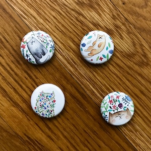 Cats and Flowers Plants Pins and Magnets 1 Inch Handmade Buttons Set of 4 image 4