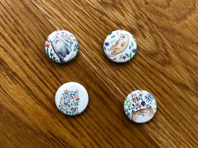 Cats and Flowers Plants Pins and Magnets 1 Inch Handmade Buttons Set of 4 image 4