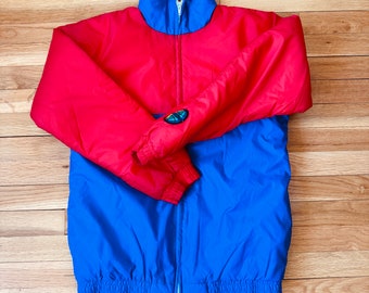 Vintage Puffer Jacket - London Fog - Red and Blue Colorblock Coat - Small or Kids 14-16