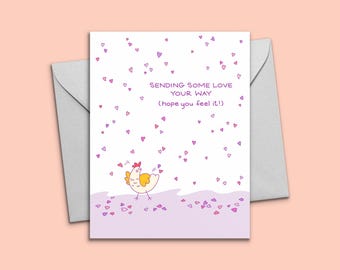 Printable Thinking of You Card - Cure Chicken with Falling Hearts Greeting Card - Sympathy, Condolences, Loss - Digital Download