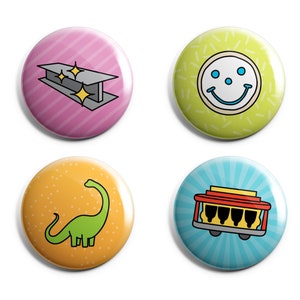 Cute Pittsburgh Pins or Magnets - 1 Inch Handmade Buttons - Smilie Cookie, Trolley, Dippy Dino and Steel - Pittsburgh Gift - Set of 4